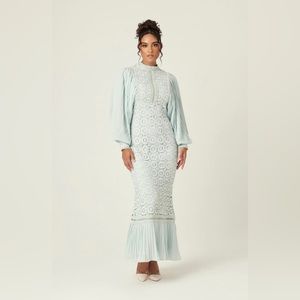 NORA LACE PLEATED CHIFFON MAXI DRESS - PASET BLUE